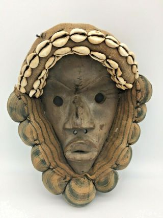 Vintage African Mask Carved Wood Tribal Art W Fabric Cowrie Shells 12 "
