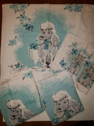 3 Vtg.  Poodles Bath Towels 2 Wash Cloths Blue Grey & White