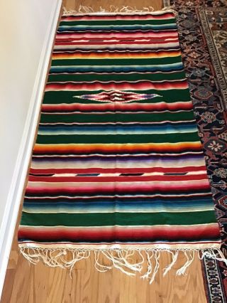 Vintage Mexican Hand Woven Wool Saltillo Serape Rug Runner Wall Hanging 76” X 39