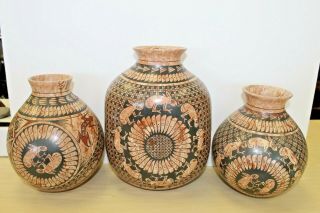 Vintage Mata Ortiz,  Mexico Decorative Pottery Pot Jar 3 Piece Set