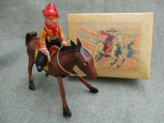 Vtg 1940s Occupied Japan Wind - Up Celluloid Cowboy & Tin Toy Horse N.  W Box