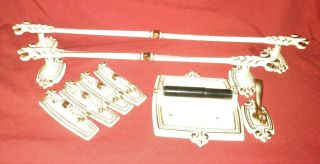 Vtg Hollywood Regency Brass White 2towel Bars & 4 Drawer Pulls &tp Holder & Hook