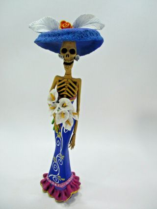 Catrina With Calla Lilies,  Handmade,  Mexican Day Of The Dead Clay Figurine 15 "
