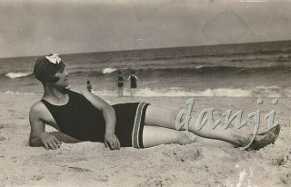 Quintessential Swimsuit - Swim Cap Flapper Girl In Classic Beach Pose Old Photo