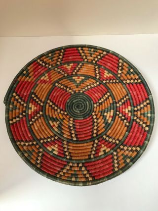 Large Vintage Ethnic Tribal Handwoven Flat Coiled Basket.  Color/detail