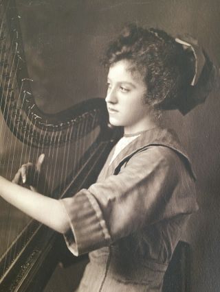 Outstanding Ca.  1915 Portrait Of A Young Girl Playing The Harp Platinum Photo
