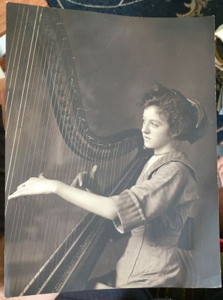 Outstanding ca.  1915 Portrait of a YOUNG GIRL Playing the HARP Platinum PHOTO 2