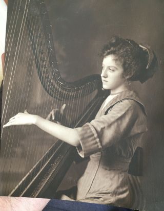 Outstanding ca.  1915 Portrait of a YOUNG GIRL Playing the HARP Platinum PHOTO 4