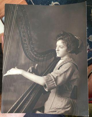 Outstanding ca.  1915 Portrait of a YOUNG GIRL Playing the HARP Platinum PHOTO 5
