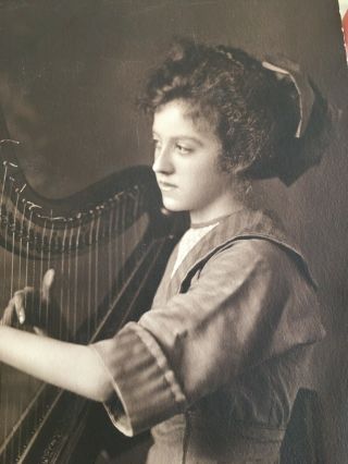 Outstanding ca.  1915 Portrait of a YOUNG GIRL Playing the HARP Platinum PHOTO 6