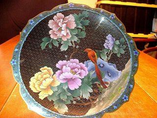 Gorgeous Vintage Chinese 12 " Cloisonne Plate With Bird & Floral Motifs