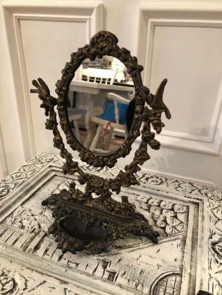 Vintage Cast Ornate Brass Tilt Swivel Vanity Mirror Scroll Flowers