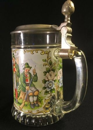 Vintage W.  Germany Figural Painted Glass Beer Stein - Rein Zinn Bmf - Metal Lid