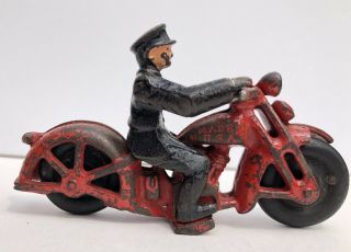 Antique Cast Iron 2 Part Motorcycle In Red W/ Police Cop 4 1/4 "