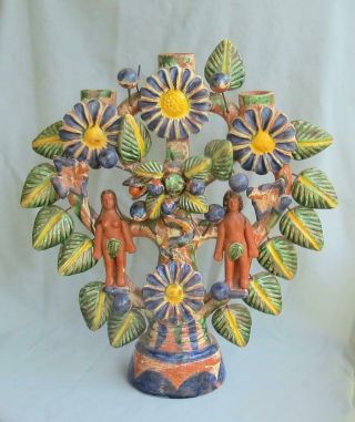 Vintage Mexican Folk Art Pottery Tree Of Life Candelabra Adam & Eve