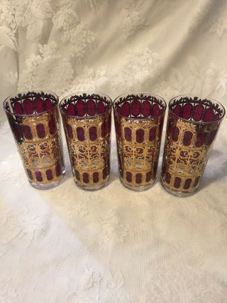 4 Vintage Cranberry Culver 22kt Gold Scroll Glasses Tumblers
