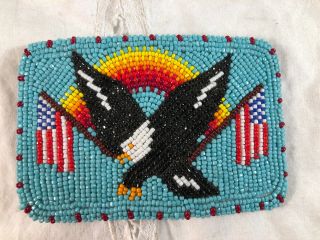Vintage Native American Hand Beaded Belt Buckle Blue Eagle Usa Flag Leather Back