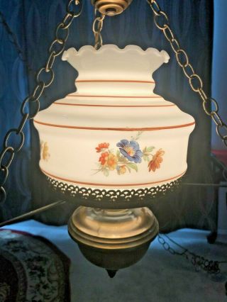 Vintage Hurricane Style Hanging Light Swag Lamp Hand Painted Flower Glass Globe