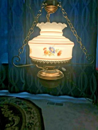 Vintage Hurricane Style Hanging Light Swag Lamp Hand Painted Flower Glass Globe 3