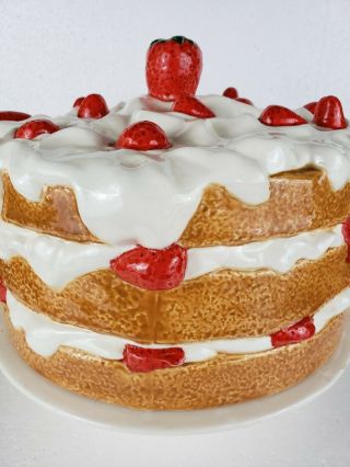 Vintage Ceramic Strawberry Shortcake Pedestal Covered Cake Plate Dome
