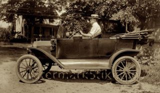 1920s Era Photo Negative Car And Pipe Smoke Proud Owner Convertible Rag Top Auto