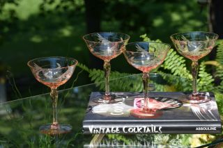 Vintage Pink Etched Cocktail - Martini Glasses,  Set Of 4,  Champagne Glasses