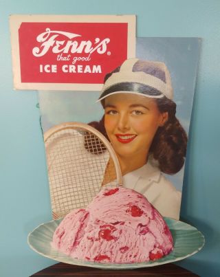 Vintage Fenn’s Ice Cream - Cardboard Advertising Sign Sioux Falls Sd Tennis