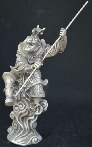 9.  15inch Chinese Tibet Silver Wear Robe Monkey King Gold Hoop Ancient Statue