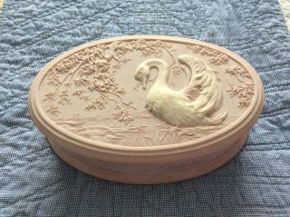 Vintage 10.  5 " Handcrafted Pink White Incolay Stone " Swan " Jewelry Box