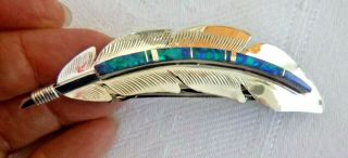 Navajo Billy Long Inlaid Opal Hair Barrette Clip Sterling Silver Feather Motif