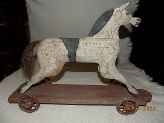 Vintage Hand Carved & Painted Wooden Horse/pull Toy W/wood Wheels