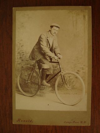 Old Vintage Hunold Cabinet Photo Man On Bicycle Bike College Point Ny