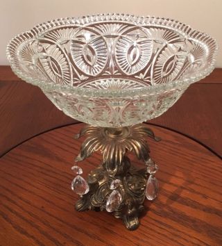 Vtg Victorian Style Lead Crystal Glass Bowl With Brass Base & Teardrops Compote