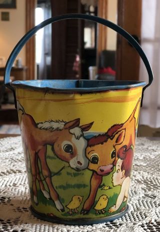 Antique Tin Litho Sand Pail T Cohn Inc Baby On Farm Vintage Bucket Americana Toy