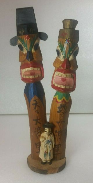 Vintage Janseung Good Luck Korean Hand Carved Painted Wooden Totem