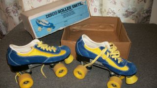 Disco Roller Skates By Roller Derby Mens 8 Vintage Blue Suede / Yellow W/ Box
