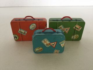 Vintage Set Of 3 Tin Litho Toy Suitcases Orange,  Green & Blue W/travel Stickers