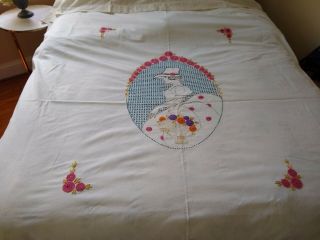Vintage Embroidered Portrait c1940s ? Bedspread & Pillow Cover 2