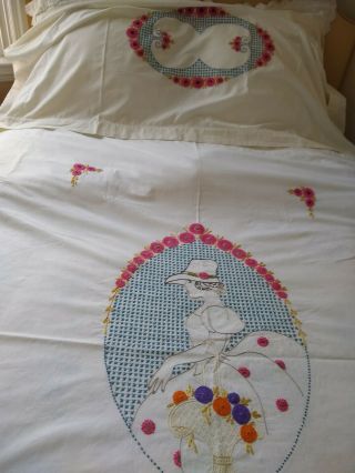Vintage Embroidered Portrait c1940s ? Bedspread & Pillow Cover 3