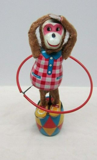 Vintage Wind - Up Mechanical Toy Monkey Hula Hoop Japan Tin Litho