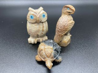 3 Zuni Native American Carved Stone Fetish Animals Eagle Owl Turtle Turquoise