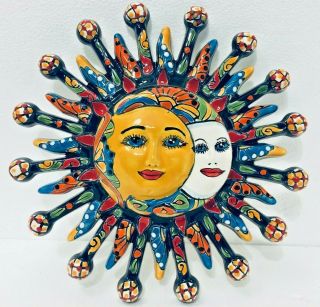 Mexican Talavera Pottery 12 " Sun Moon Eclipse Face Wall Folk Art Gerardo Garcia