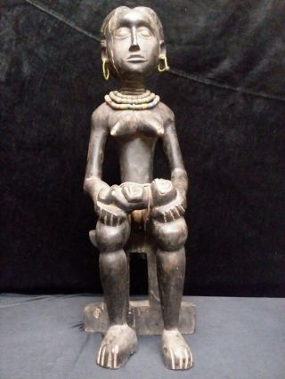 Vintage African Fertility Female Goddess Mother & Child Wood Hand Carved 23 "