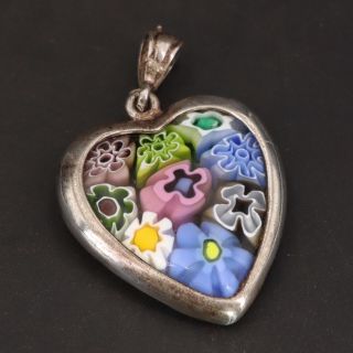 Vtg Sterling Silver - Millefiori Glass Flower Heart Love Pendant - 9g