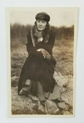 Vintage Photograph Woman Sitting On Rocks Vintage Fashion Snapshot
