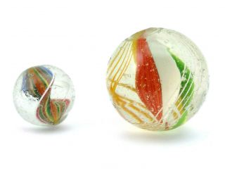 2x Large Antique Handmade German Glass Marbles Double Pontil,  1.  4 " And 0.  85 "