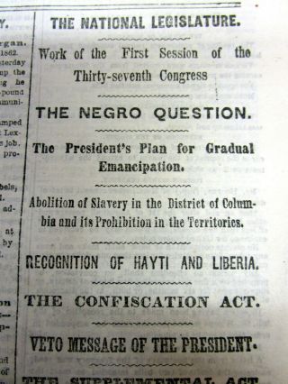 1862 Civil War Display Newspaper Abraham Lincoln Plan Emancipation Of The Slaves