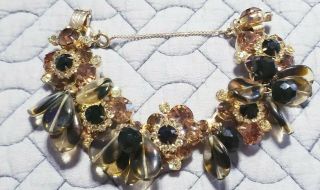 Unusual Vintage Brown & Amber Glass Bead Clusters Rhinestone Bracelet