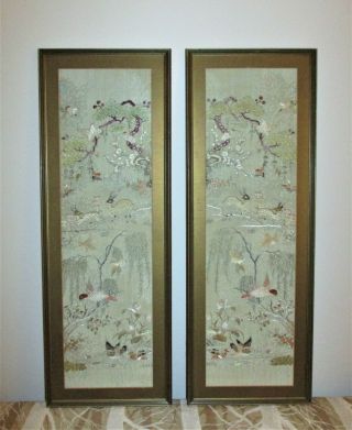 Elegant Hand Embroidered Vintage Chinese Asian Silk Panels Framed Wall Art Set