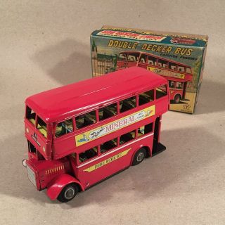Vintage Japan Tin Friction Rosko Friction Powered Double Decker Bus 68100 W/box